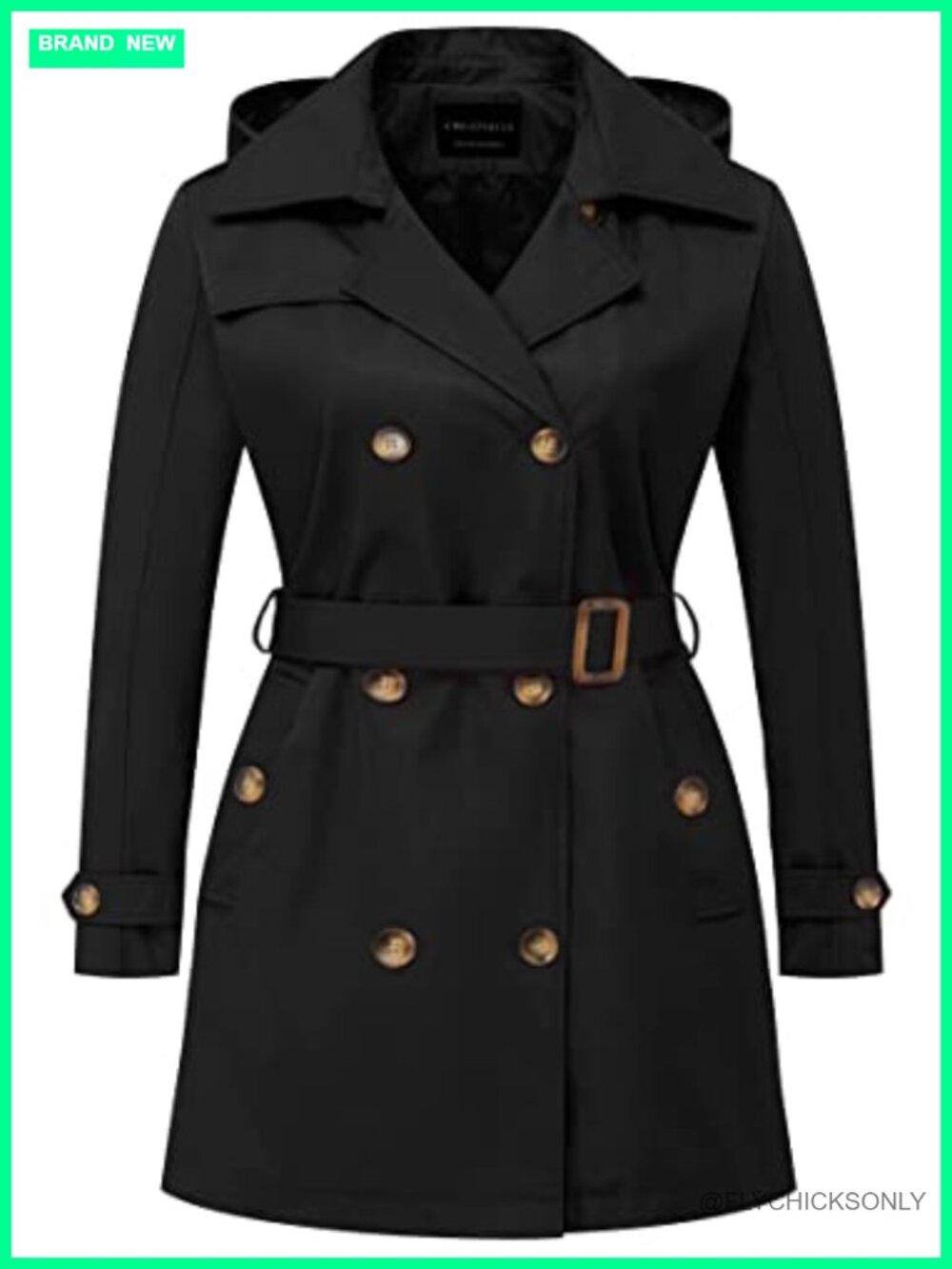 Plus Size Trench Coat Double-Breasted Belted Overcoat Detachable Hood